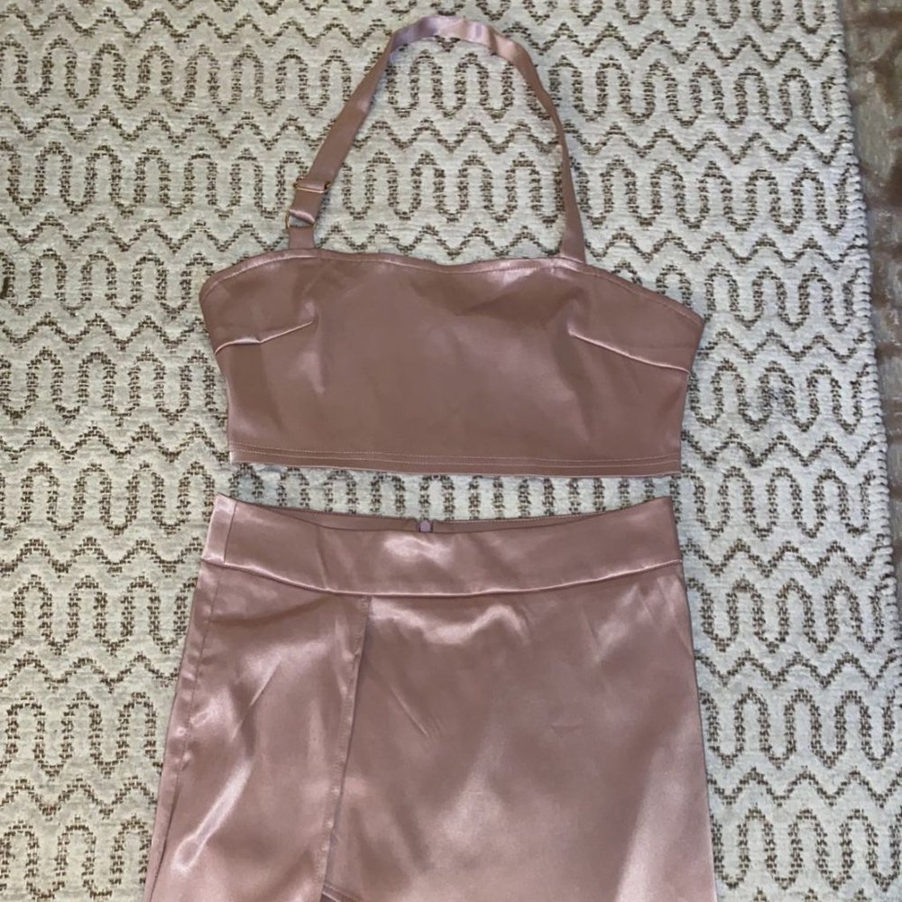 Satin Pink Crop Top & Slit Skirt Set
